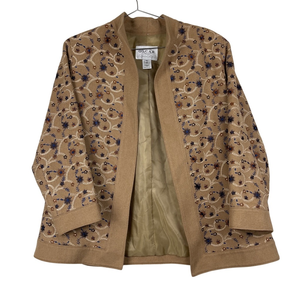 Vintage Oscar de la Renta Embroidered‎ Camel Hair Collarless Jacket Medium Boho